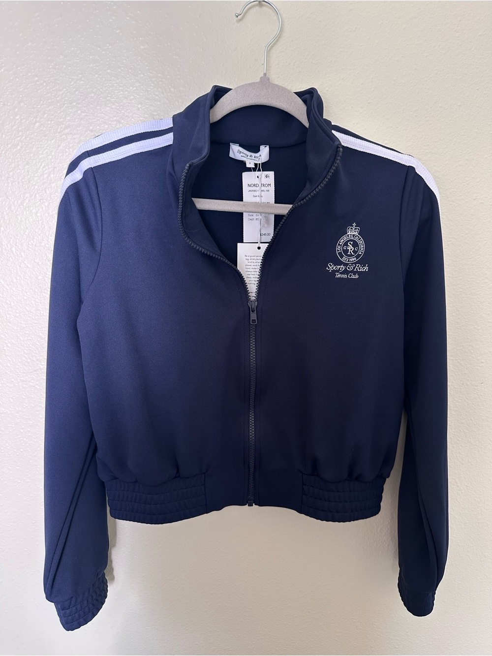 Sporty & Rich Navy and White Cropped Track Jacket